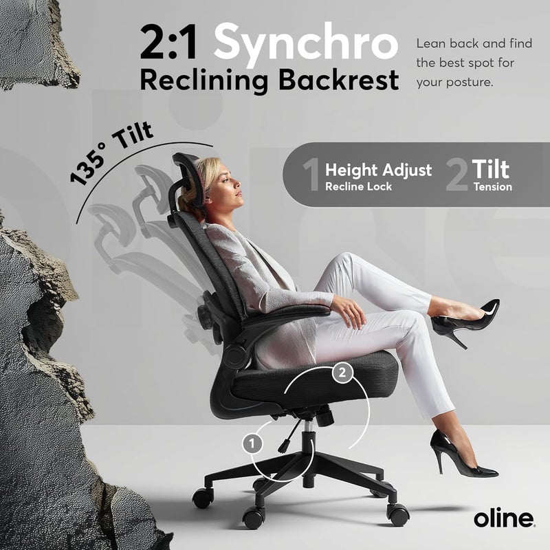 Oline ErgoAir Ergonomic Office Chair – Adjustable Lumbar Support, Flip-Up Armrests, Mesh Computer Desk Chair, Swivel Rolling Executive Gaming Chair for Home & Office (Black) - Image 5